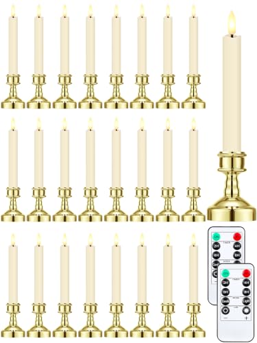Image of VIHOSE 24 Pcs Flameless Taper Candles with Holders, Gold, Modern Style