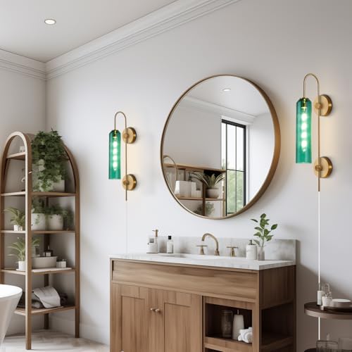 Image of BOKT Modern Gold Plug in Wall Sconce Green Glass Bedside Wall Light Fixtures Plug in Cord Mid Century Long Metal Wall Sconce Single Bathroom Bar Wall Lamp (Green)