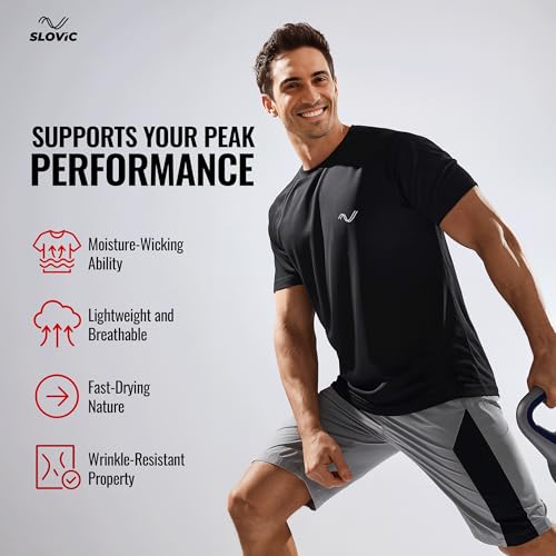 Image of SLOVIC T-Shirt for Man Stylish | Polyester (180 GM) Mens T-Shirt | Dry Fit Tshirt for Man & Boys | Wrinkle Free Gym T Shirts for Men Workout | Black