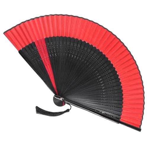 SOESFOUFU Abanico Plegable Vintage de Bambú y Tela Patrón Transparente, Diseño Artesanal Negro Rojo, Adecuado para Danza y Decoración