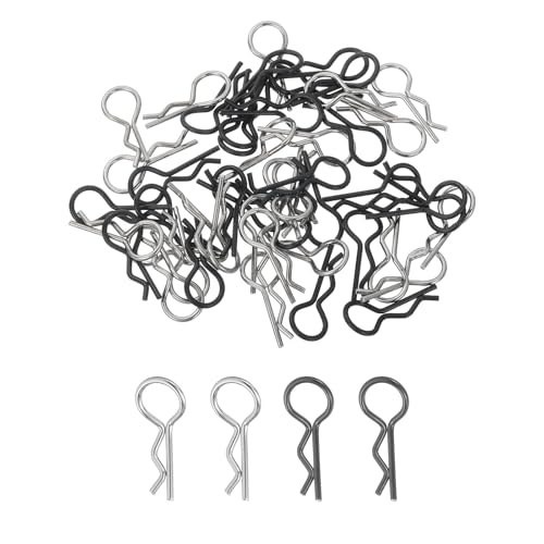 MECCANIXITY 50pcs 30-Degree Angle RC Body Clips Bent Springy R Pins 25x1.4x10mm for All 1/8 1/10 Scale Model RC Car Crawler Truck,Shell Replacement Parts(Silver/Black)