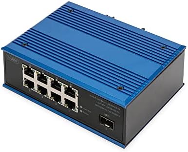 DIGITUS Conmutador de Red PoE - 9 Puertos Gigabit Ethernet - 8X RJ45 + 1x Puerto SFP - No gestionado - 10/100/1000 Mbps - Carril DIN y Montaje en Pared - IP40 - Serie Industrial - Azul