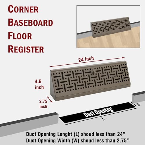 Fits 24" Baseboard Space | Corner Baseboard Register by Handua | Decorative Design | 24" External Length Register Vent Cover Grill | Adjustable Lever for Air Flow Control | Brown by Handua - Used condition - Image 2