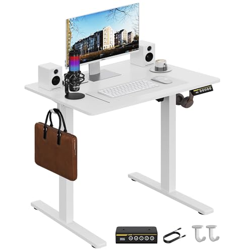 Gamork Electric Standing Desk,32x24 Inches Adjustable Height Stand up Desk, Sit Stand Home Office Desk with Splice Board, 3 Preset Heights,Equipped with Hooks,Ergonomic Computer Desk Workstation，White