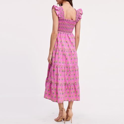 Image of Women Patchwork Dress Y2k Floral Puff Short Sleeve Maxi Dress Summer Boho Smocked Tiered Ruffle Beach Sundress