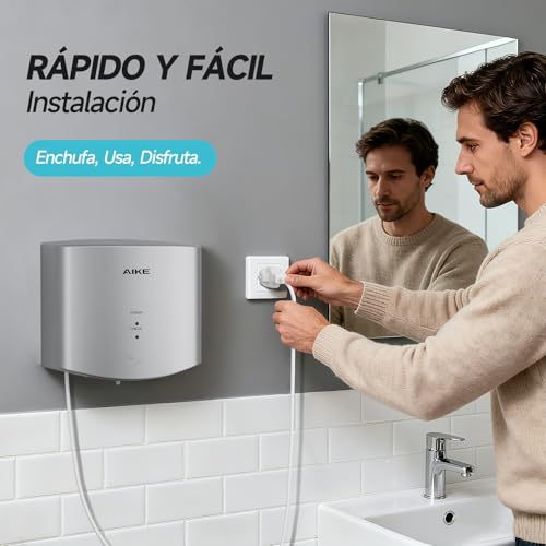 Miniatura 4 de Aike Air Wiper Secamanos Compacto, Secado De Alta Velocidad, 1400w 220v, Enchufar Y Usar, Sin Papel Y Sin Contacto Para Aseos Públicos, Ak2630s Plata