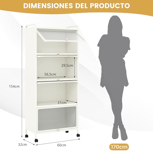 Miniatura 2 de Costway Estantería De Cocina Con Puertas De 5 Niveles, Estante De Microondas Móvil, Armario De Almacenamiento De Cocina Independiente Con Ruedas Giratorias, Para Sala De Estar Y Estudio Blanco