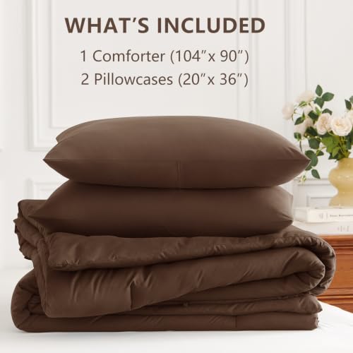 Image of HIMEET King Size Comforter Set, 3 Piece 104 inchx90 inch with 2 Pillowcases, Brown | 270GSM Down Alternative Fill, Oeko-TEX Certified, 8 Corner Ties Quilted, All Season, Fluffy Bed Set, Bedroom Decor Bedding