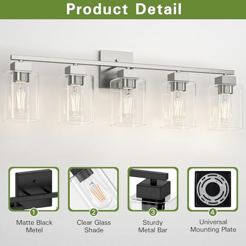 Image of 5 Light Bathroom Vanity Light - Brush Nickel Bathroom Light Fixtures Square Design & UL Certification, 31 Inch Long Light Fixtures Over Mirror for Bedroom & Restroom