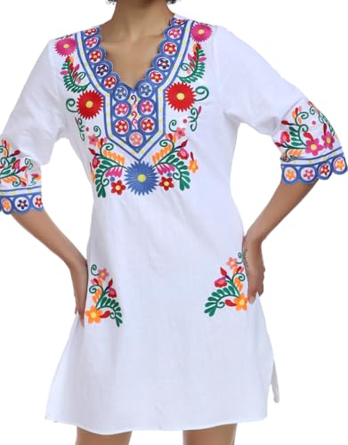 Image of YZXDORWJ Women Embroidered Mexican V Neck Floral Dress Long Sleeve Floral Traditional Bohemian Dress