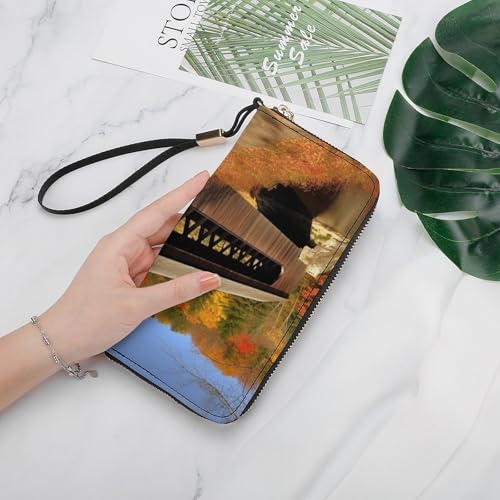 Albany Covered Bridge Ladies' Leather Wallet With Hand Strap Slim Vertical Purse Wallets Card Case Long Zip Around Long Wallet Credit Cards Holder Phone Clutch4