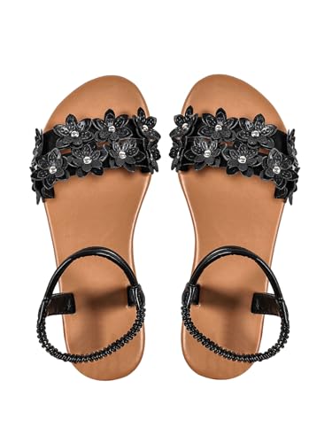 Sandales plates pour femme Floerns avec sangles élastiques confortables en noir