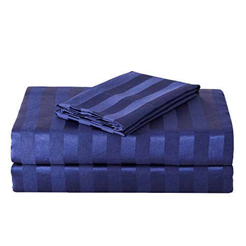 Image of Satin-Silk Sheets King Size Bed Set, Navy Blue Soft Cooling Deep Pocket King Sheets, Hypoallergenic, Wrinkle and Fade Resistant Bedding Set, 3 Piece, Striped