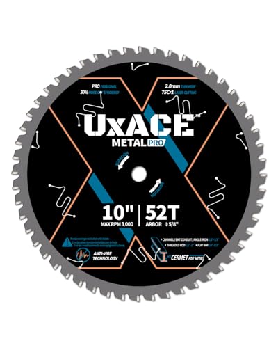 UXACE 10-Inch 52-Tooth Circular Saw Blade, 5/8-Inch Arbor, Ferrous Metal, Steel Cutting Blade, Carbide Tip, Thin Kerf, for Channel, EMT Conduit, Angle Iron, Threaded Rod, Flat Bar