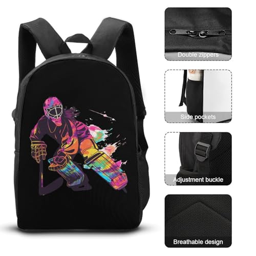 Ice Hockey Goalie Girl Watercolor 3PCS Backpack Set 17 Inch Laptop Daypack with Lunch Bag And Pencil Case3