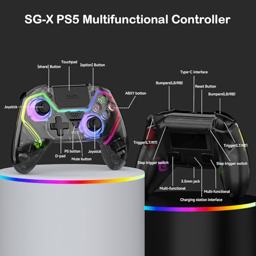 Image of ASRVA Wireless Controller for PS5 /PS5 Pro /PC, Hall Effect Joysticks & Triggers (No Drift), 2 Back Buttons, RGB, Translucent Design, Dual-Mode, Compatible with iOS /Android