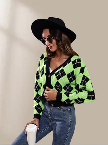 Wowcarbazole Women's Knit Cardigan Sweaters Long Sleeve Argyle Open Front Button Down V Neck Cropped Coats Casual Trendy Tops4