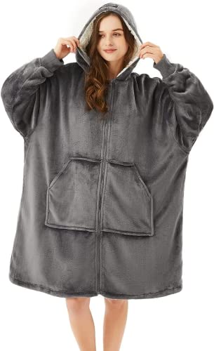 Cymula Wearable Blanket Hoodie, Oversized Giant Hoodie Wearable Blanket Sweatshirt For Adult, Sherpa Fleece Blanket Hoodie With Pocket For Women Men, Warm Cozy Blanket With Zipper Sleeves Gray #TOP22