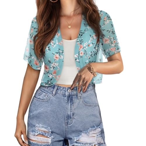 Image of Womens Short Sleeve Cardigans Lightweight Summer Cardigan Trendy Bolero Shrug Cute Floral Cardigan Sheer Bolero