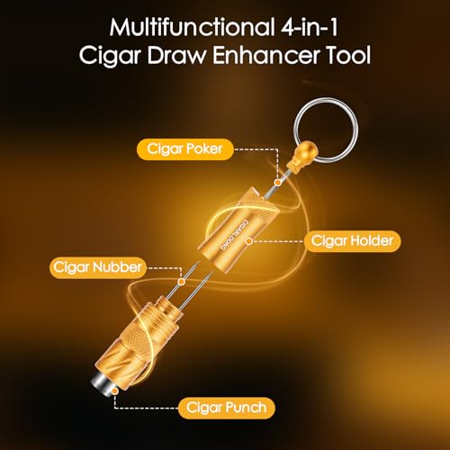 Cigar Punch Cutter Tool 4-in-1 Multifunctional Mini with Nubber, Draw Enhance and Cigar Holder, Portable and Convenient Cigarette Tools with Key Chain, Perfect Gift for Man (Black Gold)