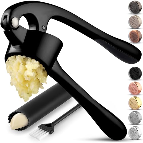 Zulay Kitchen Large Premium Garlic Press Set - Bigger Bowl for Bigger Garlic - Rust Proof Garlic Mincer Tool - Easy-Squeeze, Easy-Clean Silicone Garlic Peeler & Brush (Black)