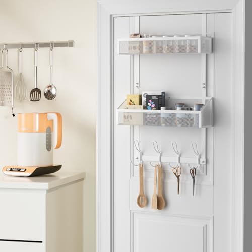 Hocookeeper Over The Door Organizer, Over The Door Hooks & Baskets - 12 Hooks & 2 Mesh Baskets Back of Door Storage Organizer for Bathroom, Kitchen, Bedroom (White) thumbnail 7