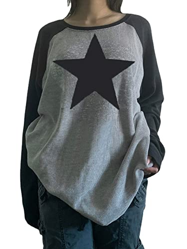 Pooyikoi Y2K Pullover T-Shirts Women Contrast Patchwork Grunge Harajuku Clothes Full Sleeve Preppy Long Sweats Tops