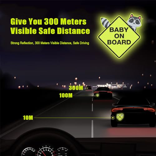 Image of 2PCS Assured Signs Baby On Board Sign Stickers,Reflective Baby Safety Warning Decal for Cars- Bright Yellow, Durable (Raccoon Baby on Board)