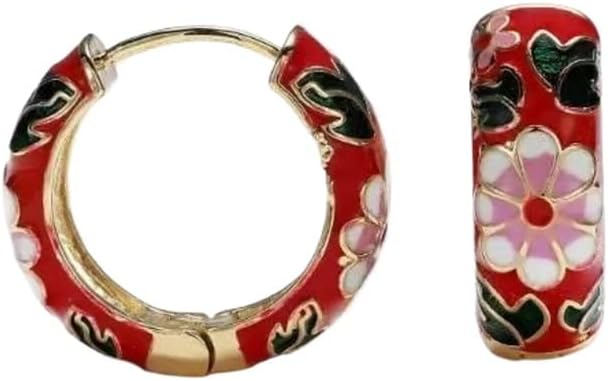 Ladies' vintage cloisonn é enamel earrings with blue, red, and black floral designs, featuring traditional Chinese style, suitable for holiday parties, fashionable outfits,