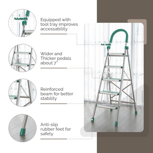 Image of Heavy Duty Steel Folding Ladder Steps with 7 Year Warranty* Foldable Stairs | Anti-Slip Step Ladder | Compact Folding for Home | Sturdy Stairs for Home Use & Storage (Aluminium Step 5)