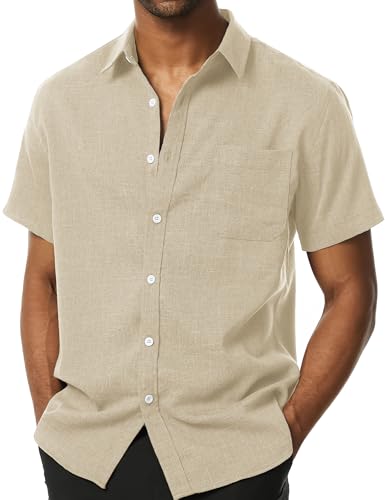 PARKLEES Mens Wrinkle Free Short Sleeve Button Down Shirts Texture Linen Shirts Casual Vacation Beach Summer Tops Beige X-Large