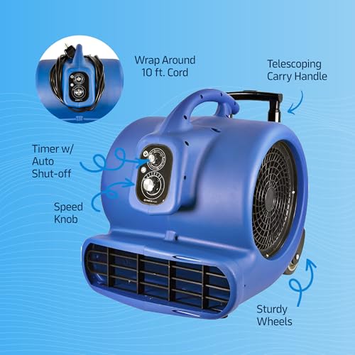 Nexair Secador de carpete industrial empilhável de alta velocidade 1HP 3 velocidades, soprador de ar