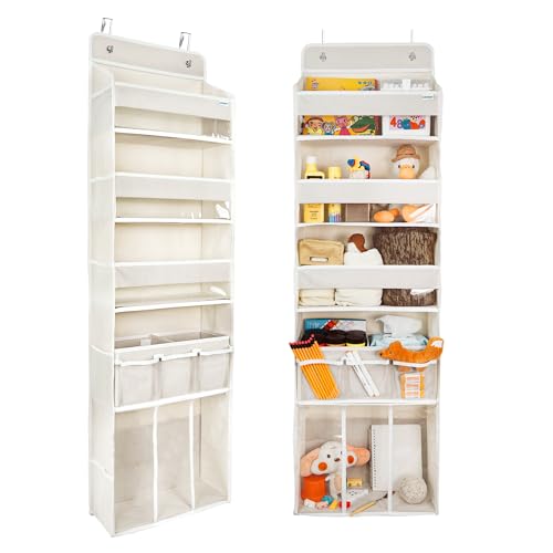 Image of Door Hanging Storage Organizer,with 3 Bins 1 Movable Baby Diaper Caddy,1 Large capacity diaper stacking storage Organizer,10 Side Pockets ,Bedroom Door Storage for Nursery Baby Essentials. (Beige)