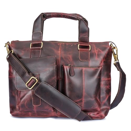 Ajuny Handgefertigte Leder 16 Zoll Vintage Messenger Bag Laptop Aktentasche Tasche für College Büro Reisen Verstellbarer Schultergurt Satchel Umhängetasche für Männer und Frauen, Rotbraun - 16 Zoll
