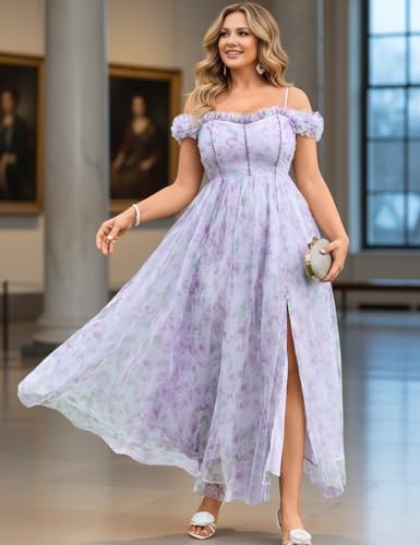 Image of EYWOL Plus Size Formal Wedding Guest Cocktail Party Floral Dress with Slit | Sweetheart, A Line, Midi\Maxi, Tulle, Curvy, Adjustable Straps, Smocked Back, Black Tie, Evening, Gown, Gala, Prom