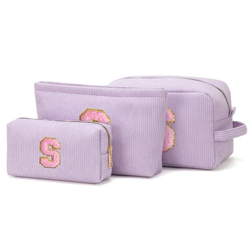 Makeup Bag Cosmetic Bag for Girls with Initial Letter Patch 3 Pieces Corduroy Travel Toiletry Make Up Brush Bag Pounch Organizer Preppy Things Cute Stuff Gifts for Teen Girls (Lavender S) La