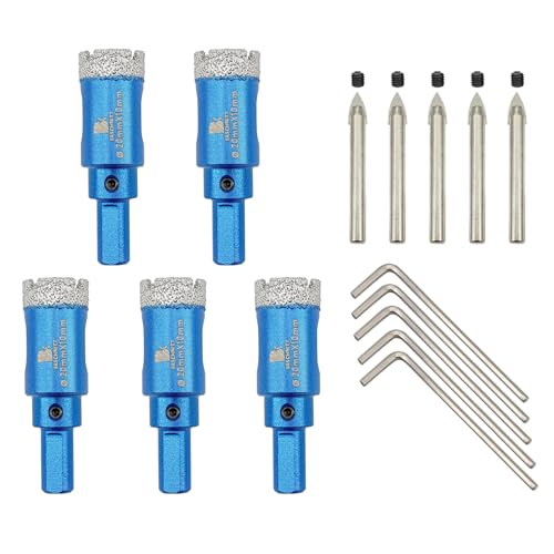 Dry Diamond Core Drill Bit with Pilot Bit - 4/5" Diamond Tile Hole Saw with Triangle Shank for Porcelain Tile Ceramic Stone Granite Marbl(5pcs)