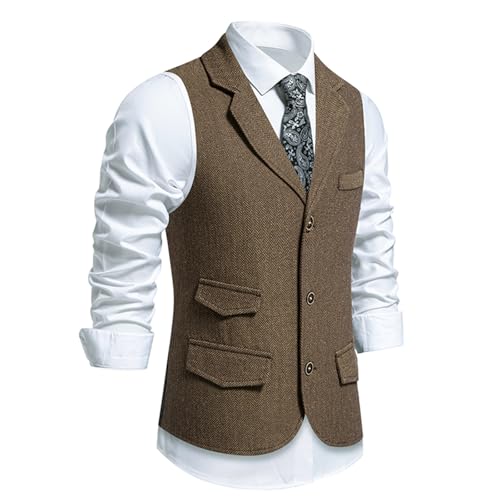 Mens Work Vest Suits Vintage Notch Collared Business Casual Formal Vests Wedding Dress Prom Tweed Vest With Pockets