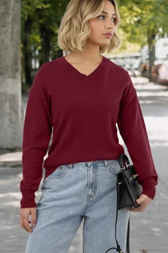 PrinStory Damen Pullover V-Ausschnitt Strickpullover Langen Ärmeln Sweatshirts Lässige Sweater Strickwaren (Weinrot, L)