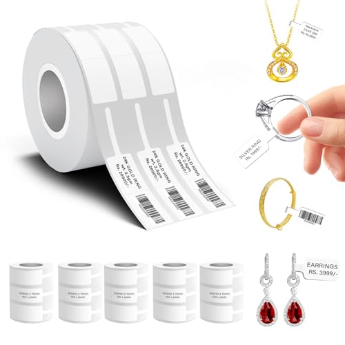 Image of Seznik Jewellery Thermal Labels - 14.3mm x 100mm, Waterproof, Non Tearable, Direct Thermal, 750 Labels (5 Rolls), for 2 to 4 Inch Printers, White, for Jewellery Tagging