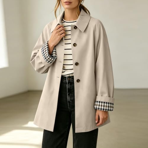 Trench Coat Women Lightweight Barn Jacket Plaid Lined Lapel Button Up Coats - image 5