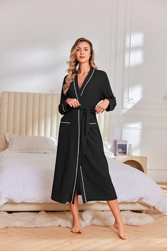 Image of Ekouaer Robes for Women Lightweight Knit Waffle Bathrobe Full Length Kimono Casual Ladies Loungewear