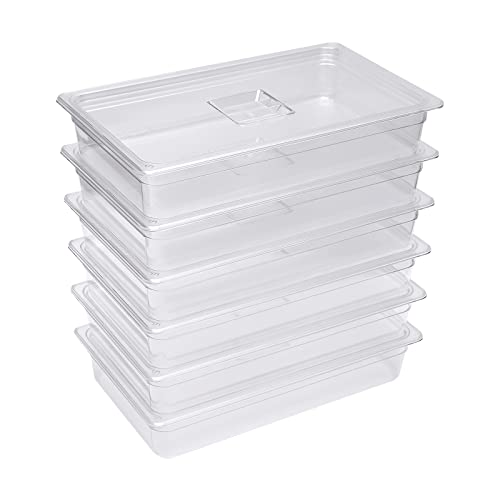 6 Pack Food Pans with Lids 4'' Deep Commercial Food Storage Containers Clear PC Hotel Pans for Kitchen Party Supplies and Prep Table,-40~212℉ Available, 20.7x12.7x4 in