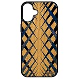 Cover per iPhone 16+ Plus in legno vero, in silicone, design a quadretti, nero, sfondo 512 GB, effetto geometria, portatile, motivo quadrato, regalo blu Apple