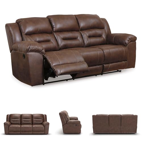 Image of Signature Design by Ashley Stoneland Faux Leather Manual Pull Tab Reclining Sofa, Dark Brown