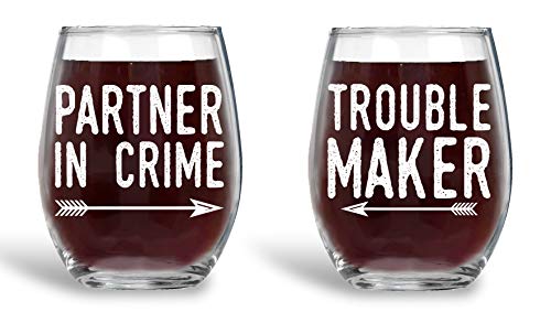 AW Fashions Trouble Maker Partner in Crime 15oz Couple Wine Glass Set, Wedding Engagement Gifts for Husband Wife Newlywed Bride Groom Future Mrs Anniversary Bridal Shower Housewarming Soul Mates