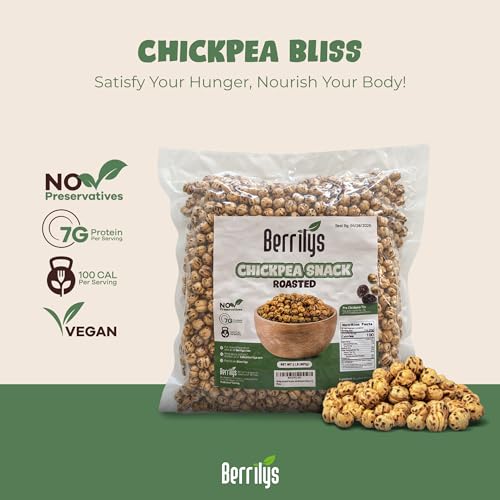 Berrilys Unsalted Roasted Chickpeas - Dry Roasted Chickpeas, Roasted Garbanzo Beans, Garbanzo Chick Peas, Dried Chickpeas, Crunchy Chickpeas, Garbanzo Beans Dry, Halal, Non-GMO, Gluten Free, 2 lb