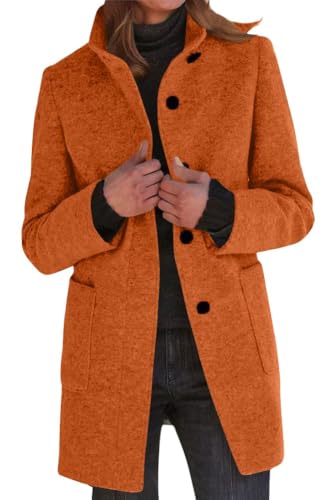Generisch Women's Long Sleeve Elegant Slim Button Down Warm Transition Coat Winter Jacket with Lapel Collar, orange, M