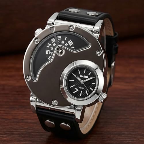 Image of MJSCPHBJK Men's Dual Dial Analog Watch - Unique 2-in-1 Timepiece with Japanese Quartz Movement, Stainless Steel Case, PU Leather Band, Dual Time Display, Fashion Dress Wrist Watch for Business Casual Wear