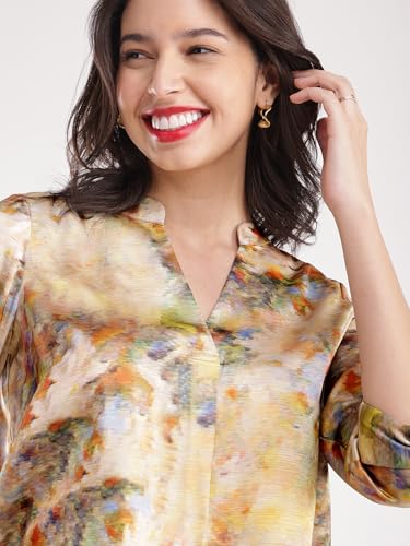 Image of FableStreet Women Shirt Work & Casual | Relaxed Fit Mandarin V-Neck Three-Quarter Sleeves Solid Pattern | Breathable Woven Fabric for Office & Everyday Wear